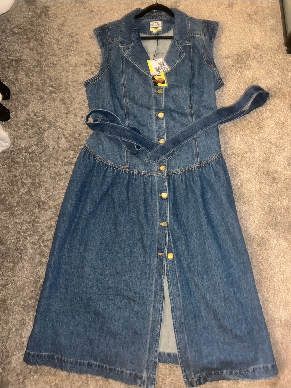 Sleeveless Denim Midi Dress with Waist Tie - Blue